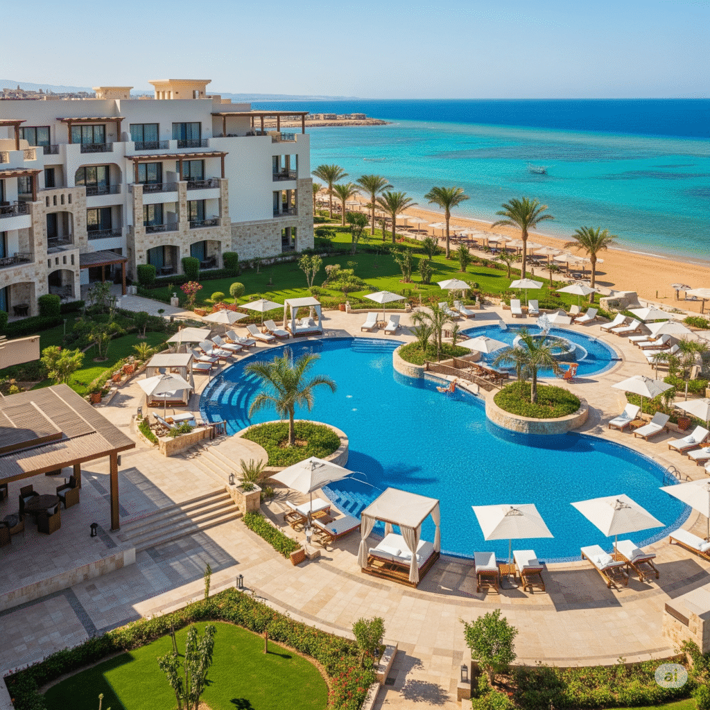 Luxurious resort in Hurghada with a large swimming pool, private cabanas, and direct access to a sandy beach and the turquoise Red Sea.