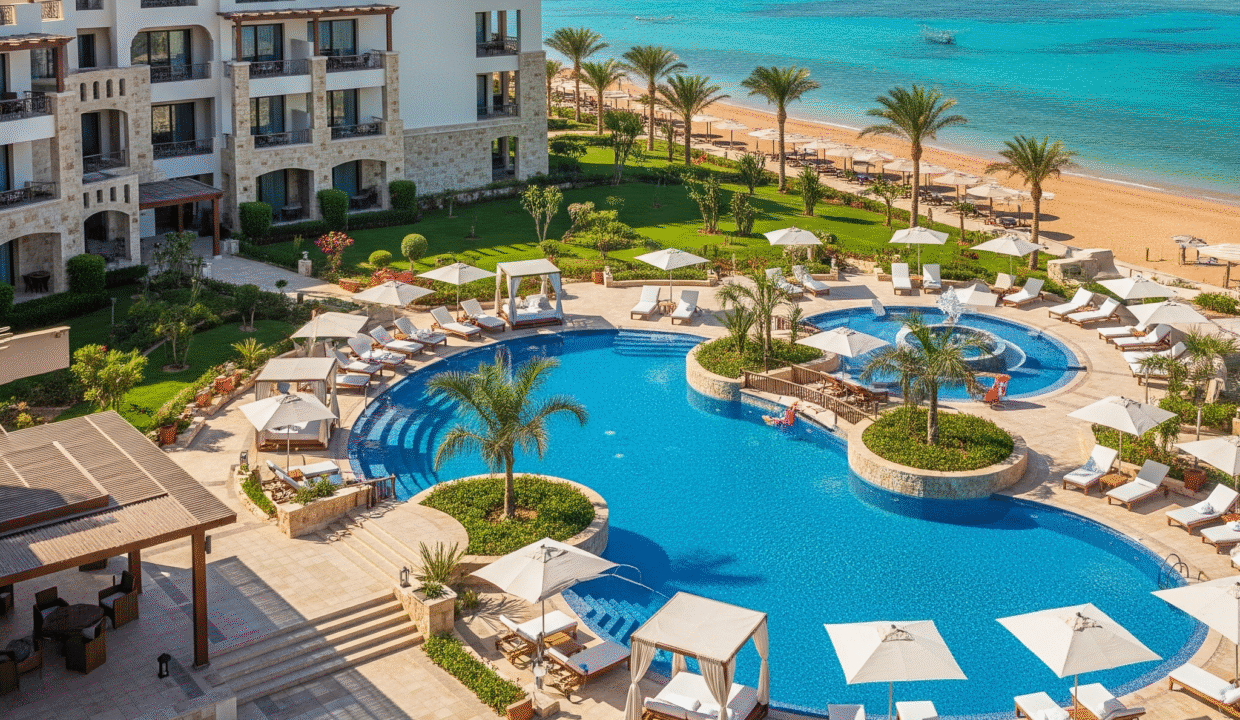 Luxurious resort in Hurghada with a large swimming pool, private cabanas, and direct access to a sandy beach and the turquoise Red Sea.