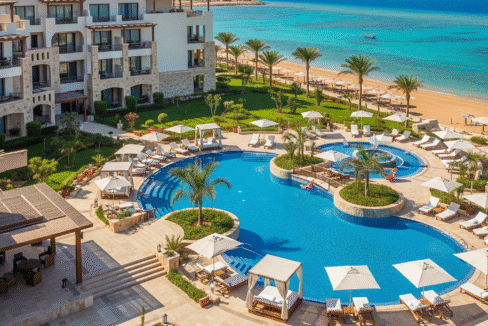Luxurious resort in Hurghada with a large swimming pool, private cabanas, and direct access to a sandy beach and the turquoise Red Sea.
