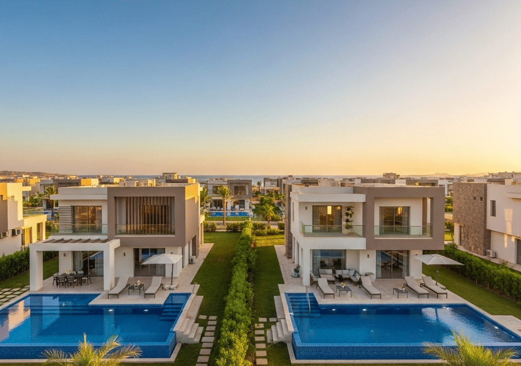 Modern luxury villas with private pools and sea views in Hurghada, Egypt, at sunset.