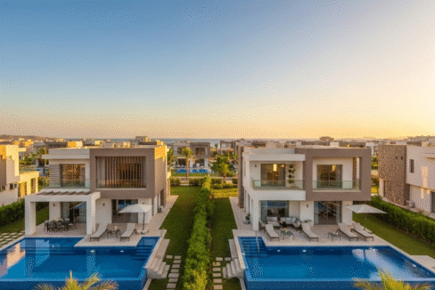 Modern luxury villas with private pools and sea views in Hurghada, Egypt, at sunset.
